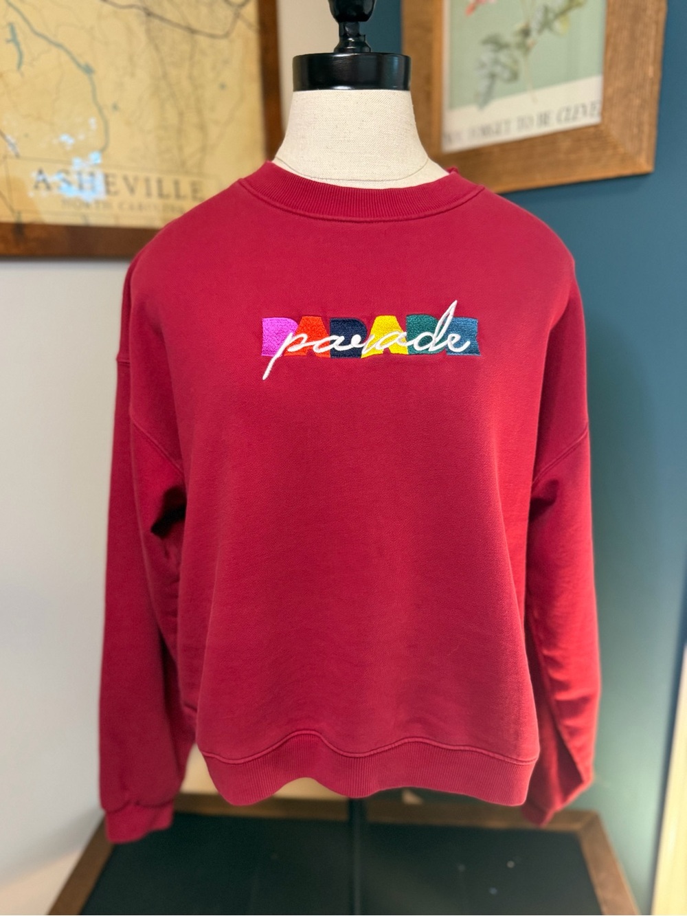 Women's Maroon Crewneck Sweater with Colorful 'Parade' Embroidery